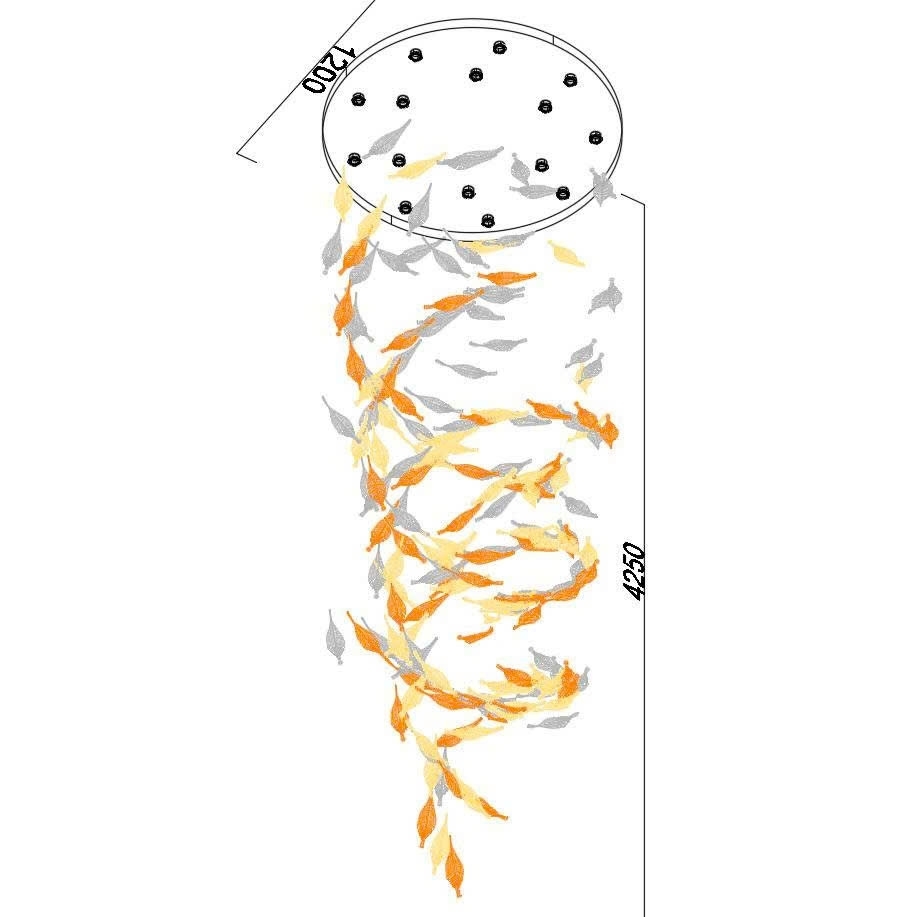 Đèn thông tầng dimmer lá lông vũ cao cấp PL045 gồm 175 lá lông vũ chia 3 màu, 15 đèn COB dimmer 3 màu có điều khiển xa, KT(mm): D1200xH4250